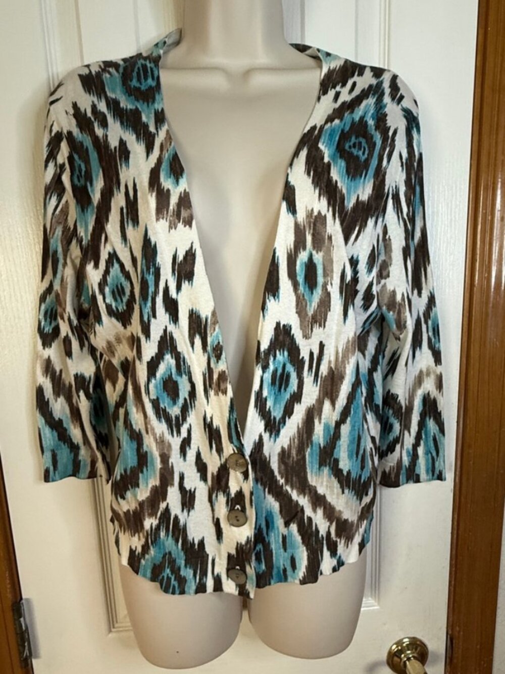 Chico's Ikat Diamond Paige Cardigan Sweater in Algiers Blue, Sz Med - NWT!!
